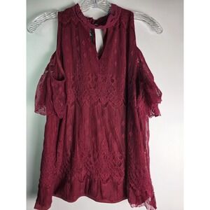 By-By Babydoll Stretch Lace Cold Shoulder Red Top - Size 1X